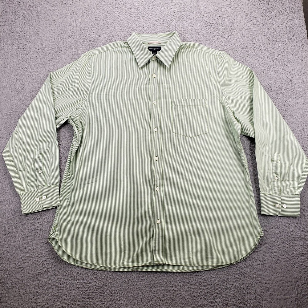 Banana Republic Shirt Mens XXL 18-18 1/2 Green Striped Button Up Classiccore